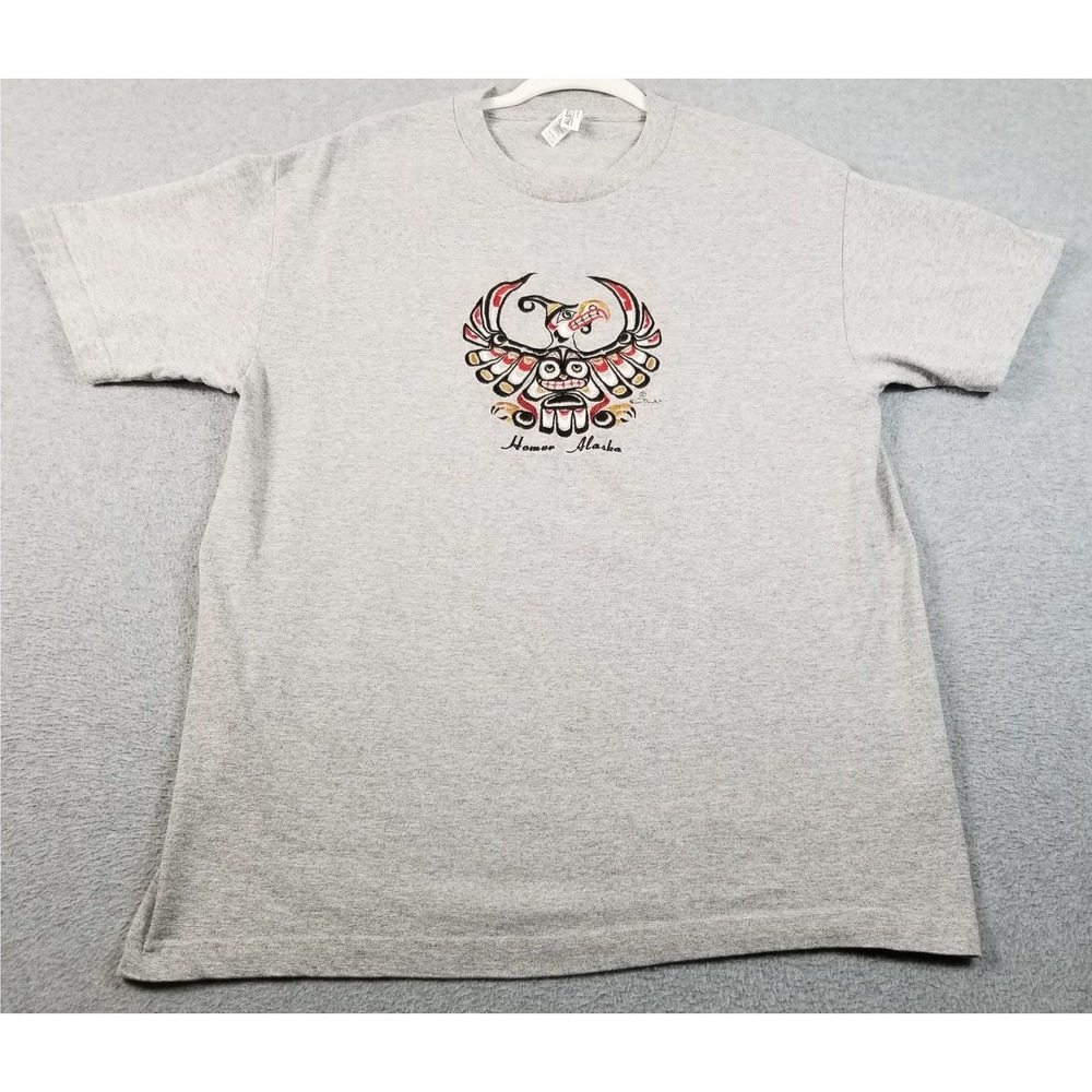 Homer Alaska T-Shirt Men Large L Gray Native Art Eagle Totem Souvenir Tee Casual